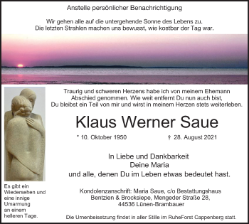 Traueranzeige von Klaus Werner Saue von WVW Anzeigenblätter