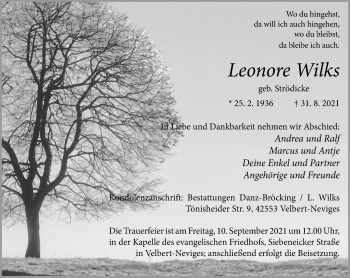 Traueranzeige von Leonore Wilks von WVW Anzeigenblätter
