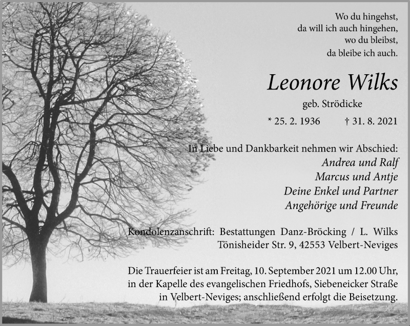  Traueranzeige für Leonore Wilks vom 04.09.2021 aus WVW Anzeigenblätter