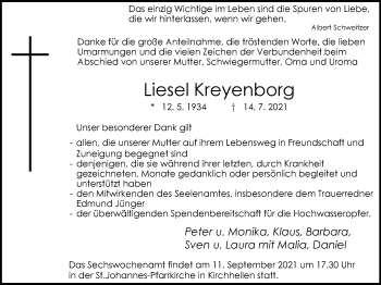 Traueranzeige von Liesel Kreyenborg von WVW Anzeigenblätter