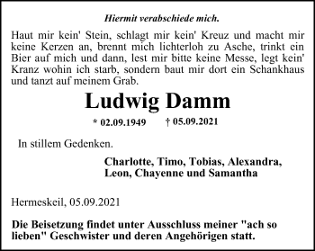 Traueranzeige von Ludwig Damm von WVW Anzeigenblätter