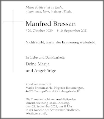 Traueranzeige von Manfred Bressan von WVW Anzeigenblätter