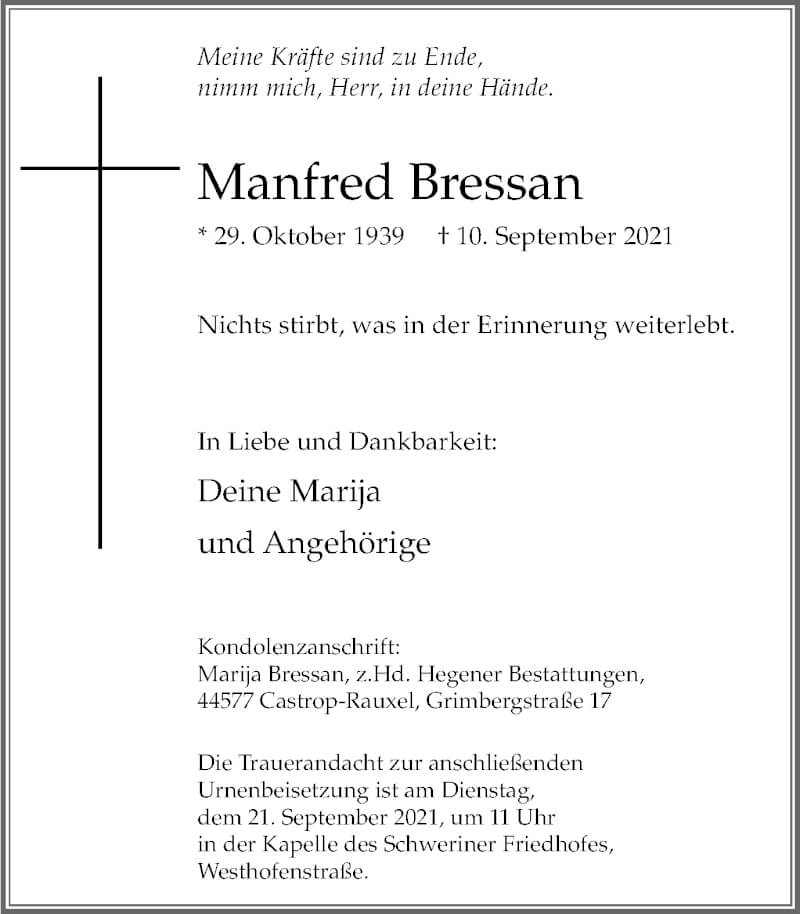  Traueranzeige für Manfred Bressan vom 18.09.2021 aus WVW Anzeigenblätter