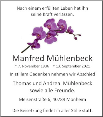 Traueranzeige von Manfred Mühlenbeck von WVW Anzeigenblätter