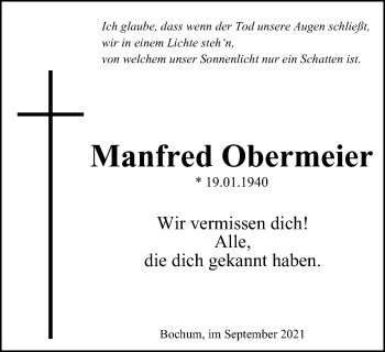 Traueranzeige von Manfred Obermeier von WVW Anzeigenblätter