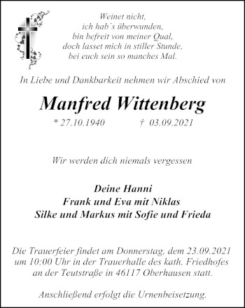 Traueranzeige von Manfred Wittenberg von WVW Anzeigenblätter