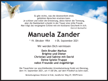Traueranzeige von Manuela Zander von WVW Anzeigenblätter
