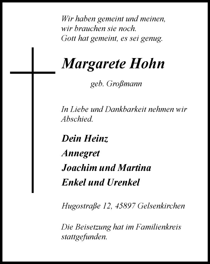  Traueranzeige für Margarete Hohn vom 22.09.2021 aus WVW Anzeigenblätter