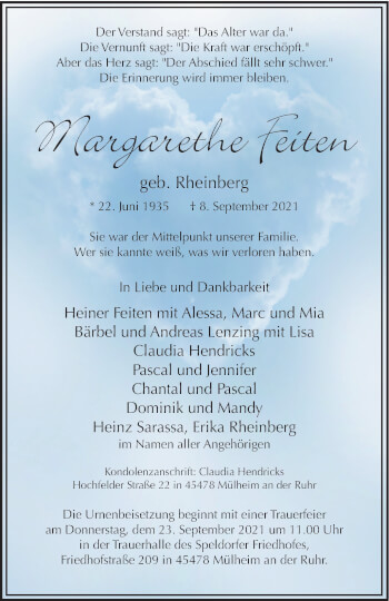Traueranzeige von Margarethe Feiten von WVW Anzeigenblätter