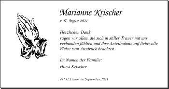 Traueranzeige von Marianne Krischer von WVW Anzeigenblätter