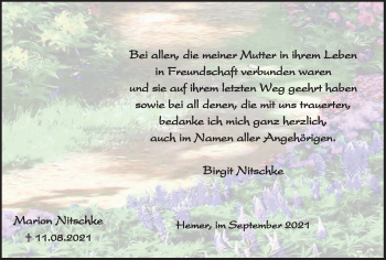 Traueranzeige von Marion Nitschke von WVW Anzeigenblätter