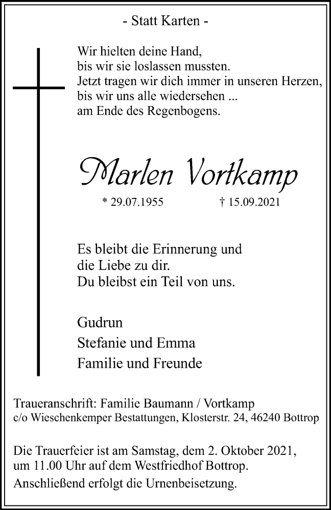  Traueranzeige für Marlen Vortkamp vom 25.09.2021 aus WVW Anzeigenblätter