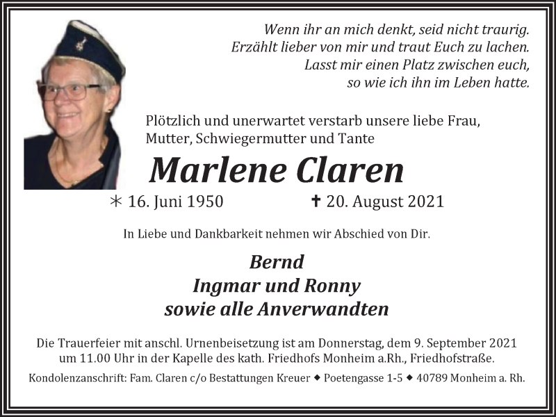 Traueranzeige für Marlene Claren vom 04.09.2021 aus WVW Anzeigenblätter