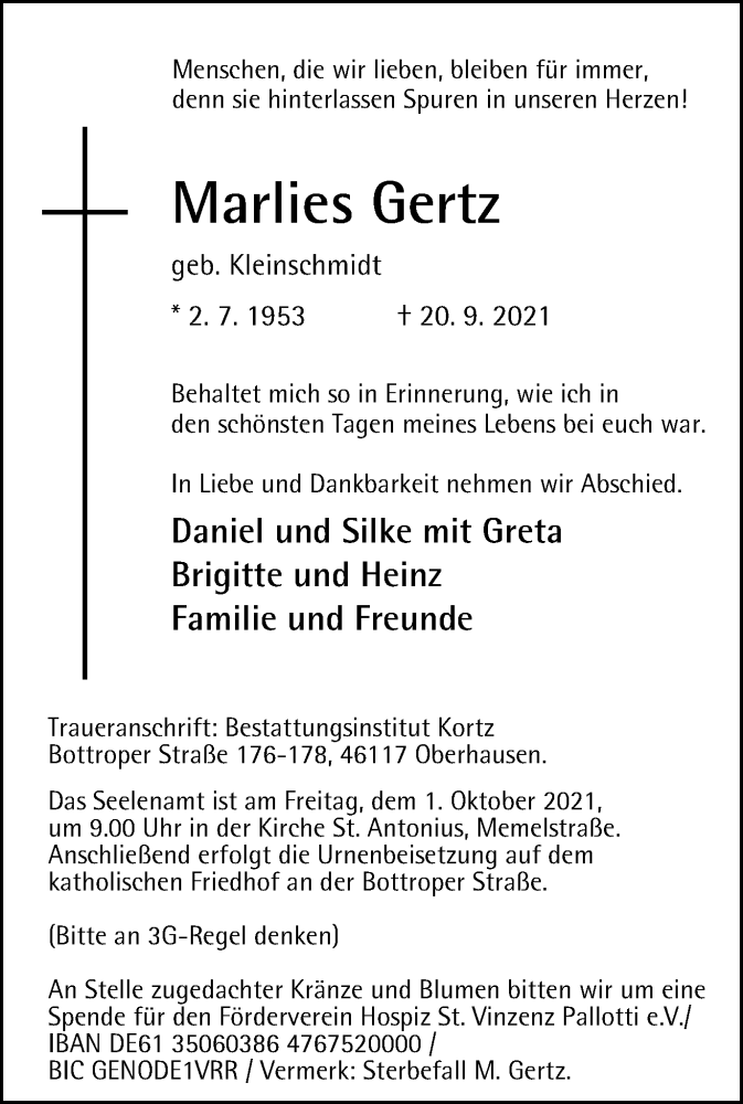  Traueranzeige für Marlies Gertz vom 25.09.2021 aus WVW/ORA