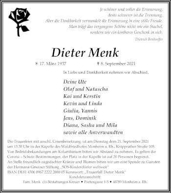Traueranzeige von Menk Menk von WVW Anzeigenblätter