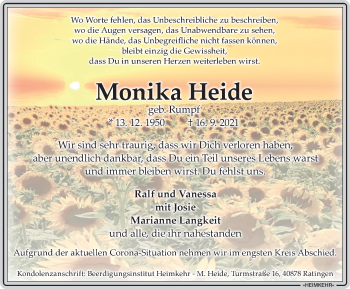 Traueranzeige von Monika Heide von WVW Anzeigenblätter