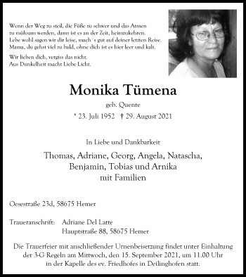 Traueranzeige von Monika Tümena von WVW Anzeigenblätter