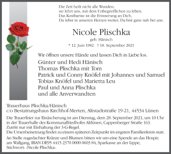 Traueranzeige von Nicole Plischka von WVW Anzeigenblätter