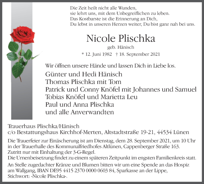  Traueranzeige für Nicole Plischka vom 22.09.2021 aus WVW Anzeigenblätter