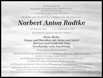 Traueranzeige von Norbert Anton Radtke von WVW Anzeigenblätter