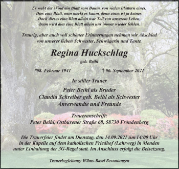 Traueranzeige von Regina Huckschlag von WVW Anzeigenblätter