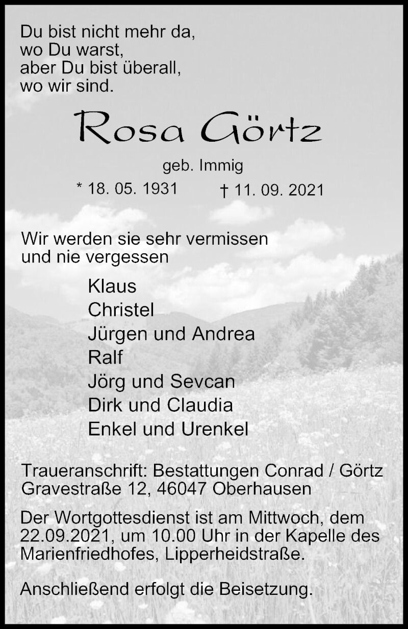  Traueranzeige für Rosa Görtz vom 18.09.2021 aus WVW Anzeigenblätter