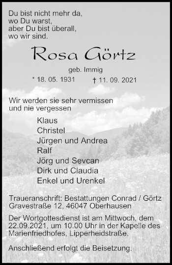 Traueranzeige von Rosa Görtz von WVW Anzeigenblätter