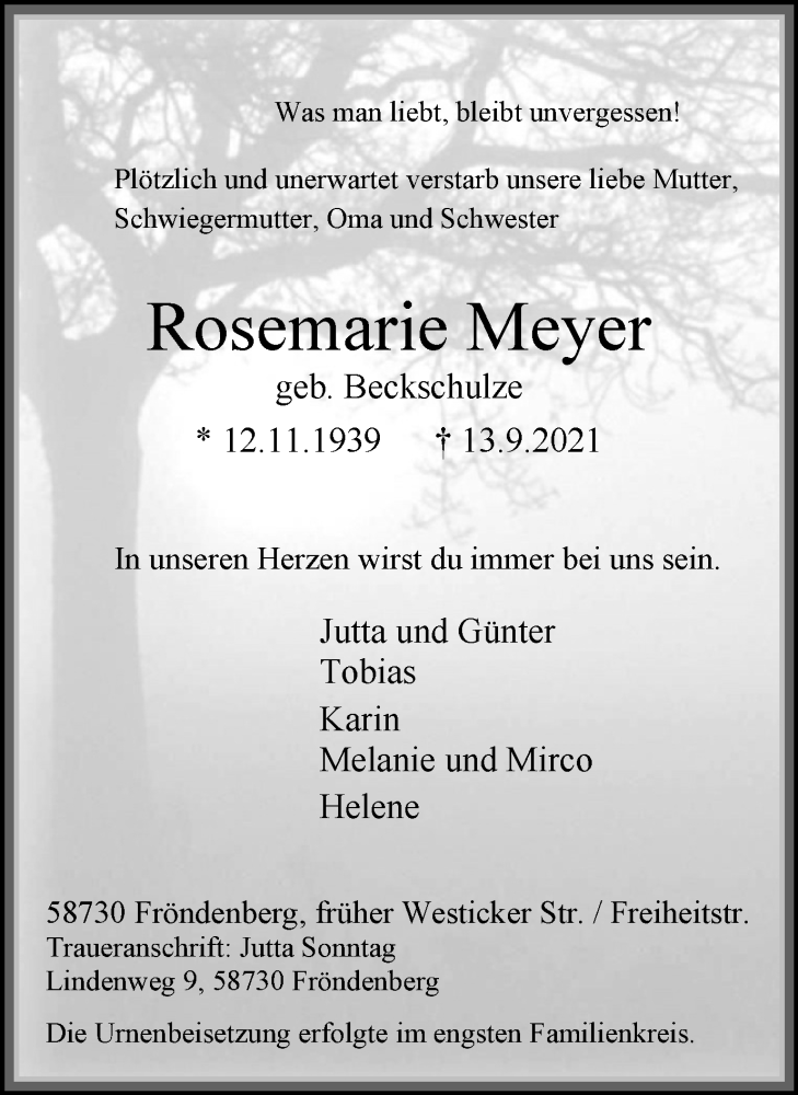  Traueranzeige für Rosemarie Meyer vom 25.09.2021 aus WVW Anzeigenblätter
