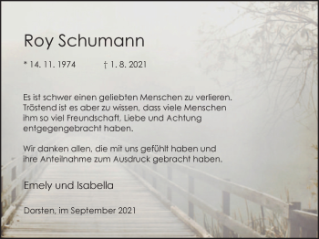 Traueranzeige von Roy Schumann von WVW Anzeigenblätter