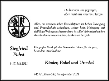 Traueranzeige von Siegfried Pabst von WVW Anzeigenblätter