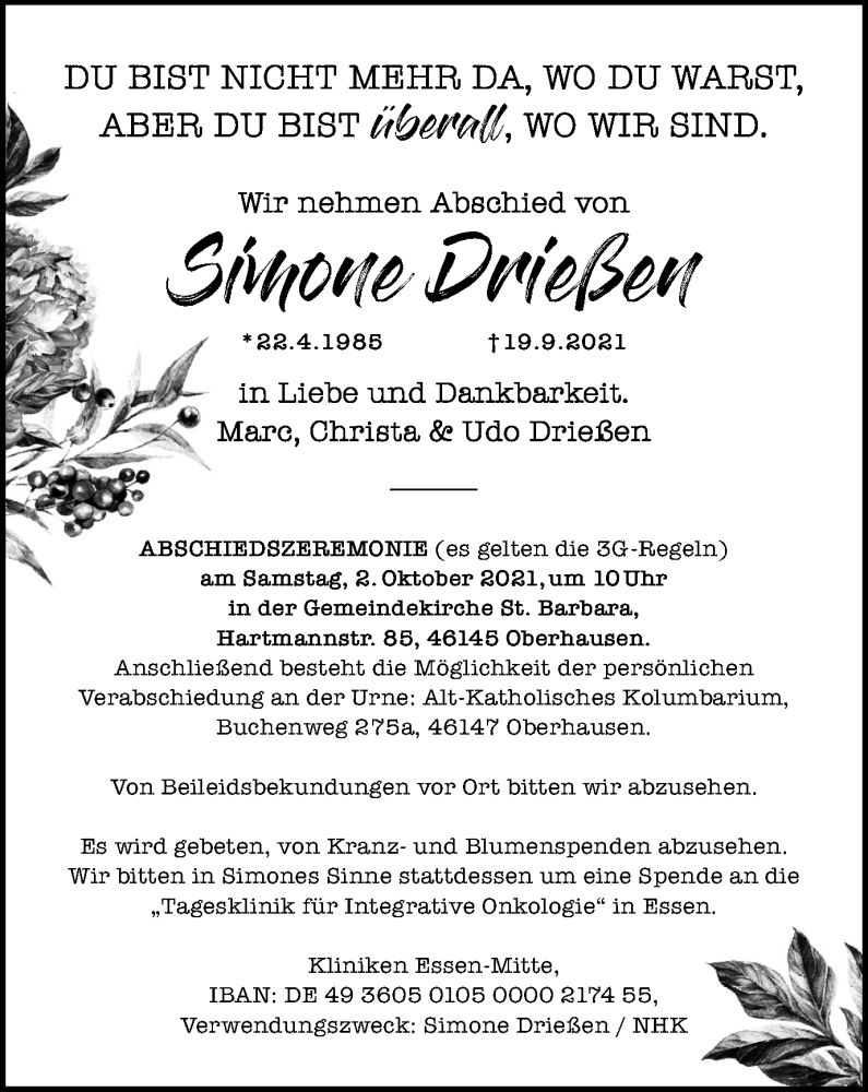  Traueranzeige für Simone Drießen vom 29.09.2021 aus WVW Anzeigenblätter