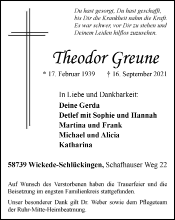 Traueranzeige von Theodor Greune von WVW Anzeigenblätter