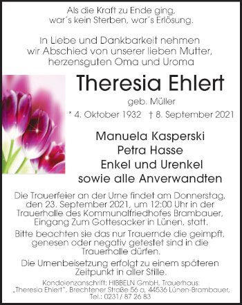 Traueranzeige von Theresia Ehlert von WVW Anzeigenblätter