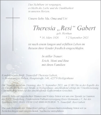Traueranzeige von Theresia Gabert von WVW Anzeigenblätter