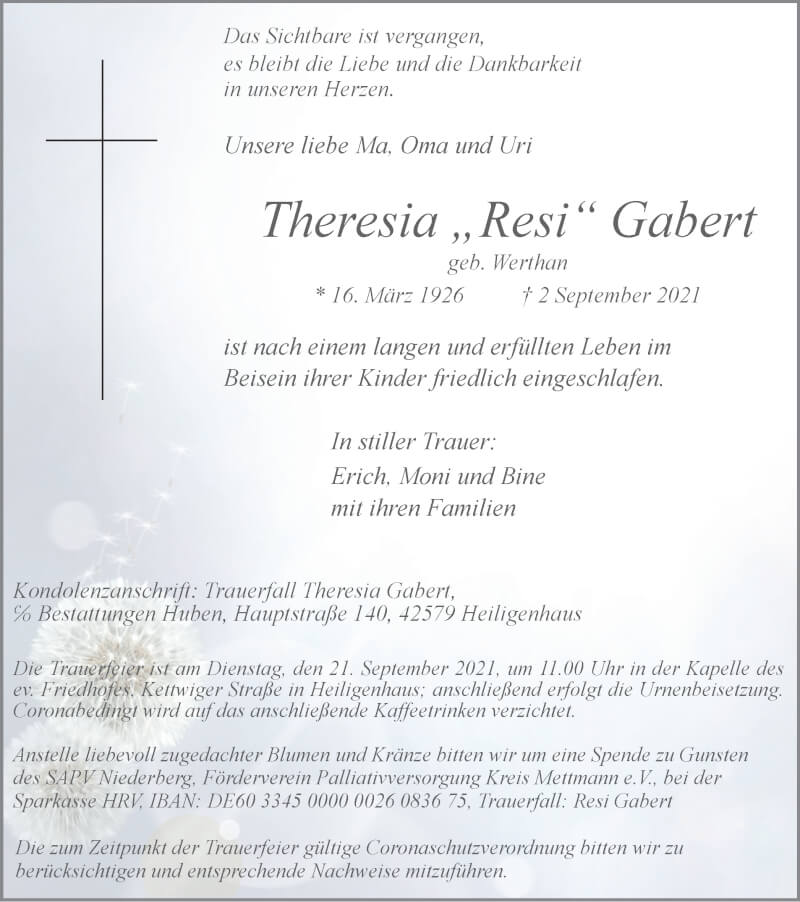  Traueranzeige für Theresia Gabert vom 18.09.2021 aus WVW Anzeigenblätter
