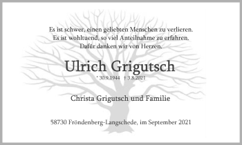 Traueranzeige von Ulrich Grigutsch von WVW Anzeigenblätter