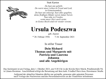 Traueranzeige von Ursula Podeszwa von WVW Anzeigenblätter