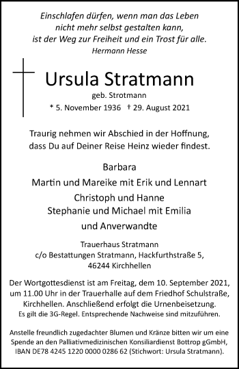 Traueranzeige von Ursula Stratmann von WVW Anzeigenblätter