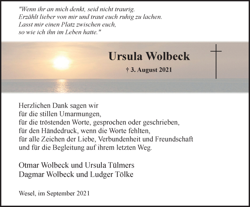  Traueranzeige für Ursula Wolbeck vom 04.09.2021 aus WVW Anzeigenblätter