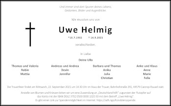 Traueranzeige von Uwe Helmig von WVW Anzeigenblätter