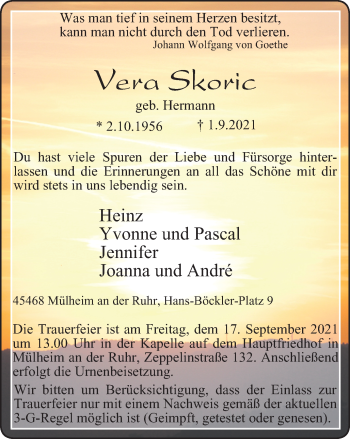 Traueranzeige von Vera Skoric von WVW Anzeigenblätter