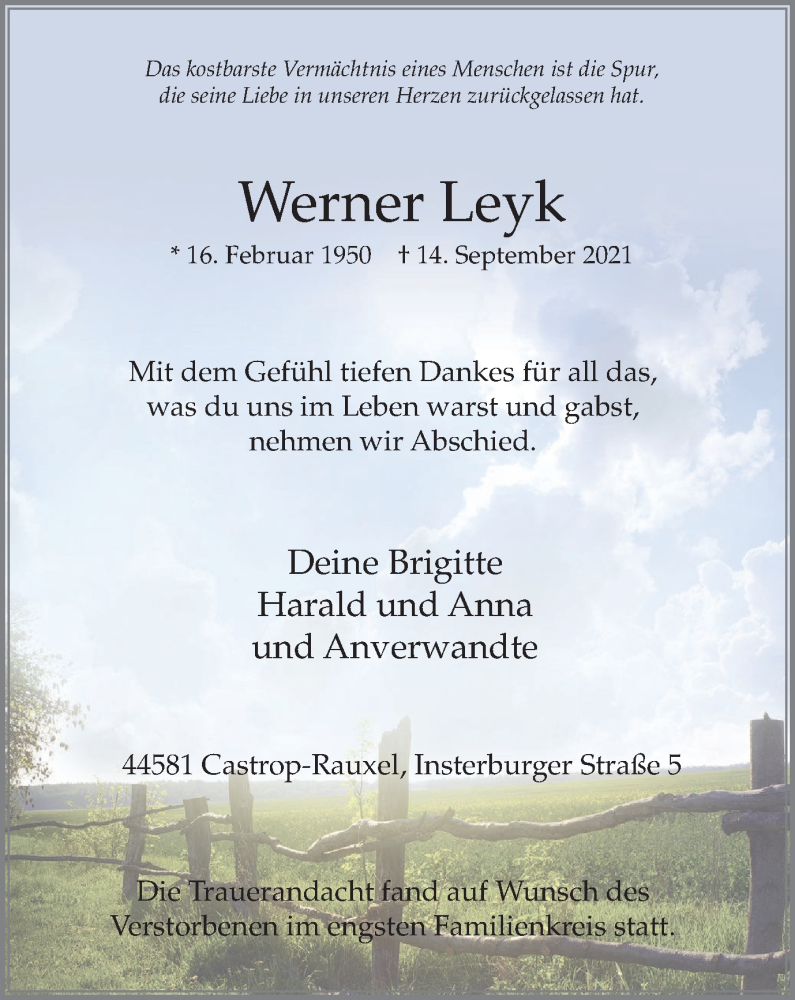  Traueranzeige für Werner Leyk vom 22.09.2021 aus WVW Anzeigenblätter