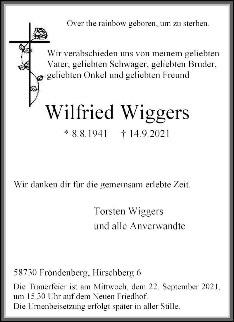 Traueranzeige für Wilfried Wiggers vom 18.09.2021 aus WVW Anzeigenblätter