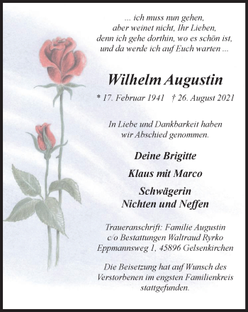 Traueranzeige von Wilhelm Augustin von WVW Anzeigenblätter