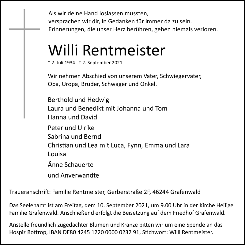  Traueranzeige für Willi Rentmeister vom 08.09.2021 aus WVW Anzeigenblätter