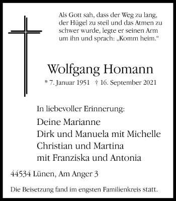 Traueranzeige von Wolfgang Homann von WVW Anzeigenblätter