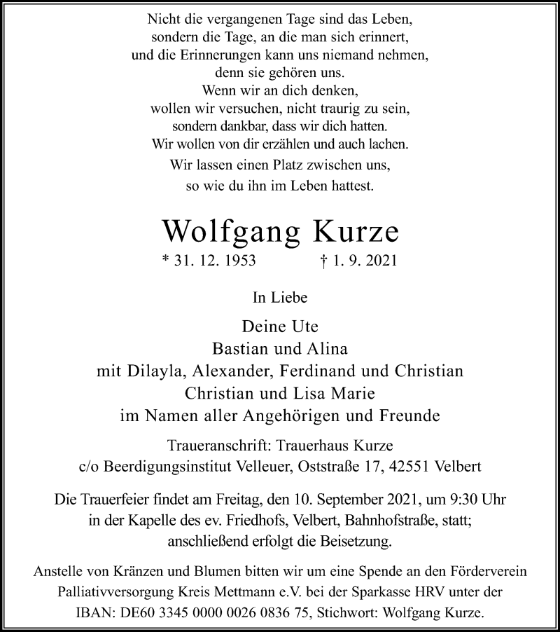 Traueranzeigen von Wolfgang Kurze TrauerinNRW.de