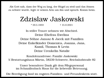 Traueranzeige von Zdzislaw Jaskowski von WVW Anzeigenblätter