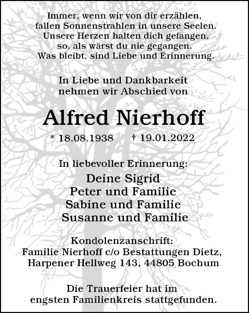  Traueranzeige für Alfred Nierhoff vom 29.01.2022 aus WVW Anzeigenblätter