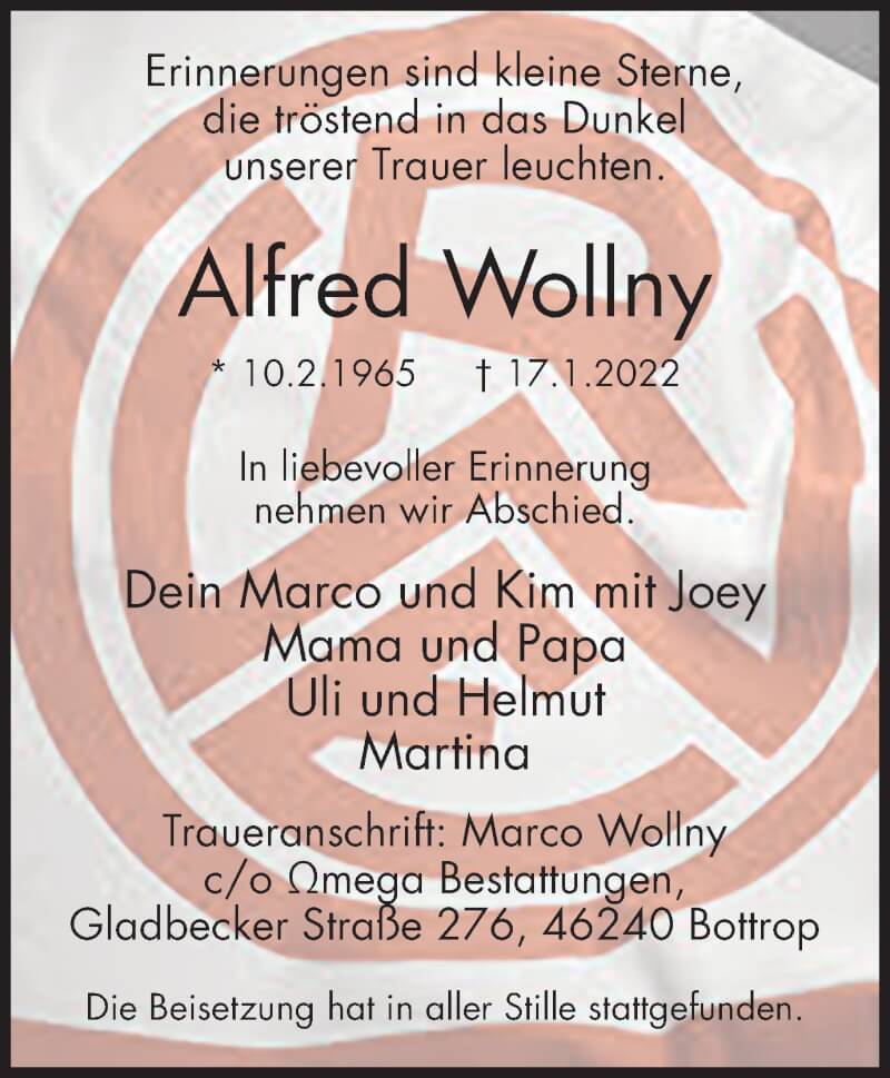  Traueranzeige für Alfred Wollny vom 29.01.2022 aus WVW Anzeigenblätter